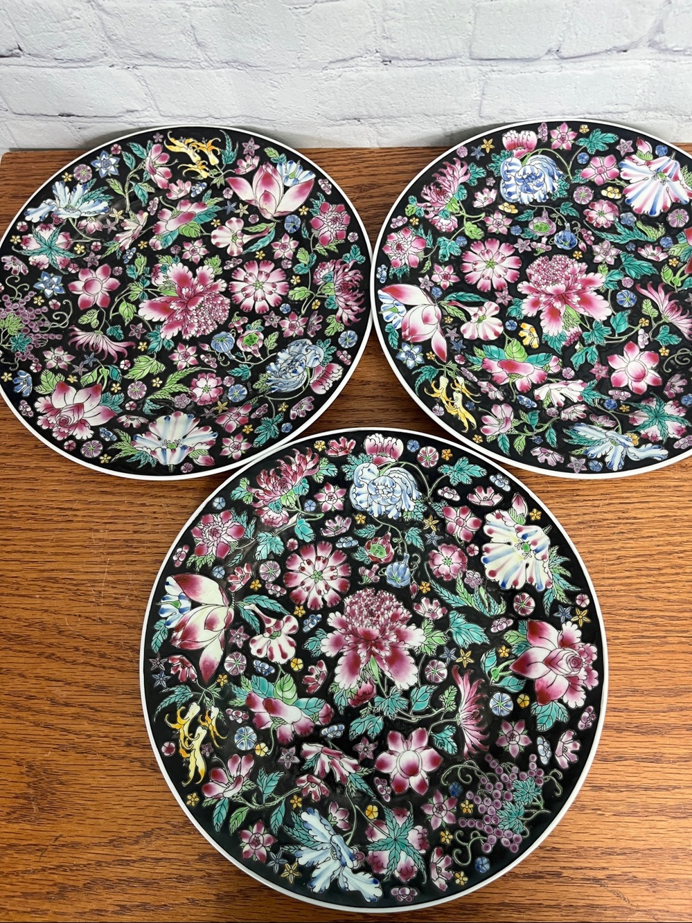 3 Chinese Famille Noire Mille Fleur Black Flower Porcelain Salad Plate 9”